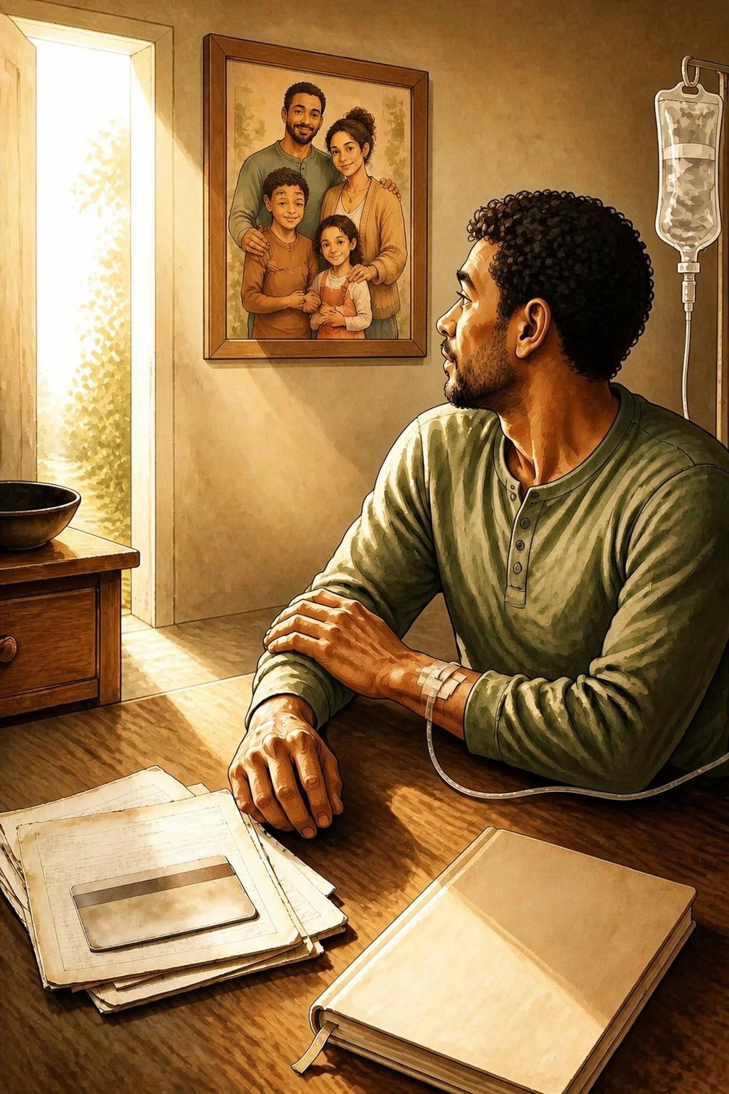Illustration: a father in a hospital room looks up at his family portrait, a medical card and papers on the table.